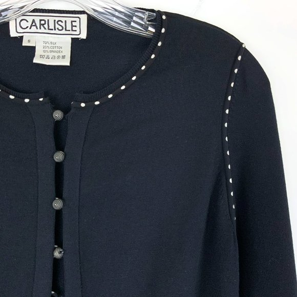Vintage Carlisle Knit Silk Blend Crop Cardigan Polka Dot Trim Sz S - Picture 5 of 16